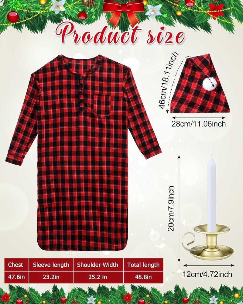 Cuffbow 4 Pcs Christmas Men's Cotton Flannel Nightshirt Set Includes Men Flannel Long Sleeve Nightgown Cap Candle and Holder - Image 2